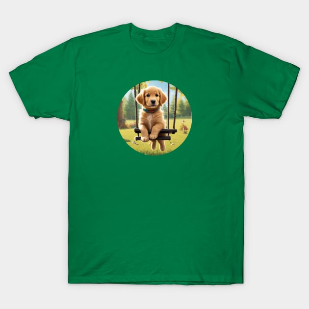 Cute Golden Retriever Puppy on a Swing T-Shirt by Cre8tiveSpirit